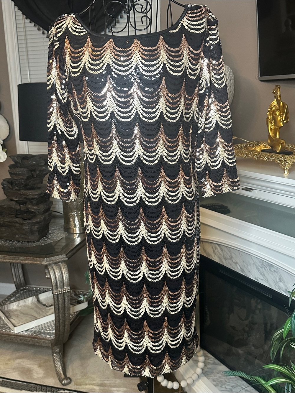 Crystal Doll Black, Gold & Cream Sequin Midi Dress